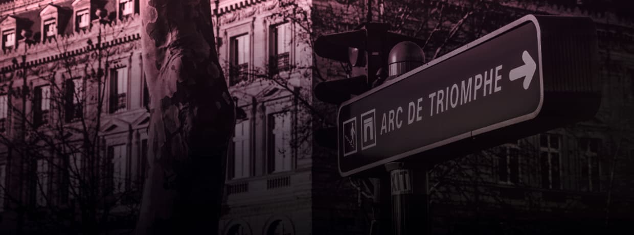 A Paris street sign pointing towards the Arc de Triomphe, colour-treated